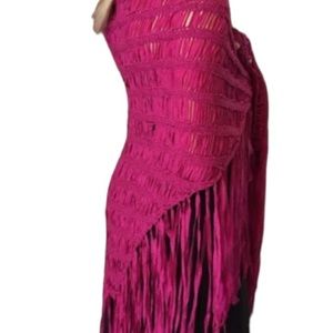 Free People  Hot pink knit wrap with fringe shawl has a  suede like look